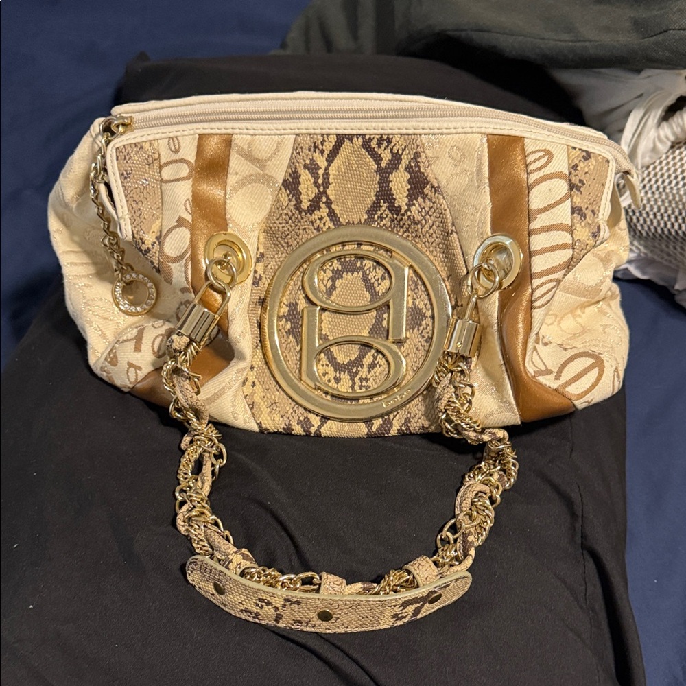 bebe Beige and Brown Clutch with Gold Accents